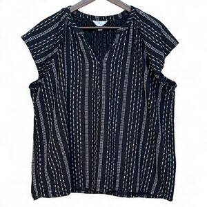 Time and Tru Womens XL Black White Embroidered Striped Flutter Sleeve Blouse Top